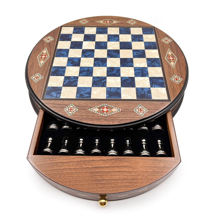 Luxury Round Rosewood & Walnut Chess Set With Metal Pieces My Chess Sets