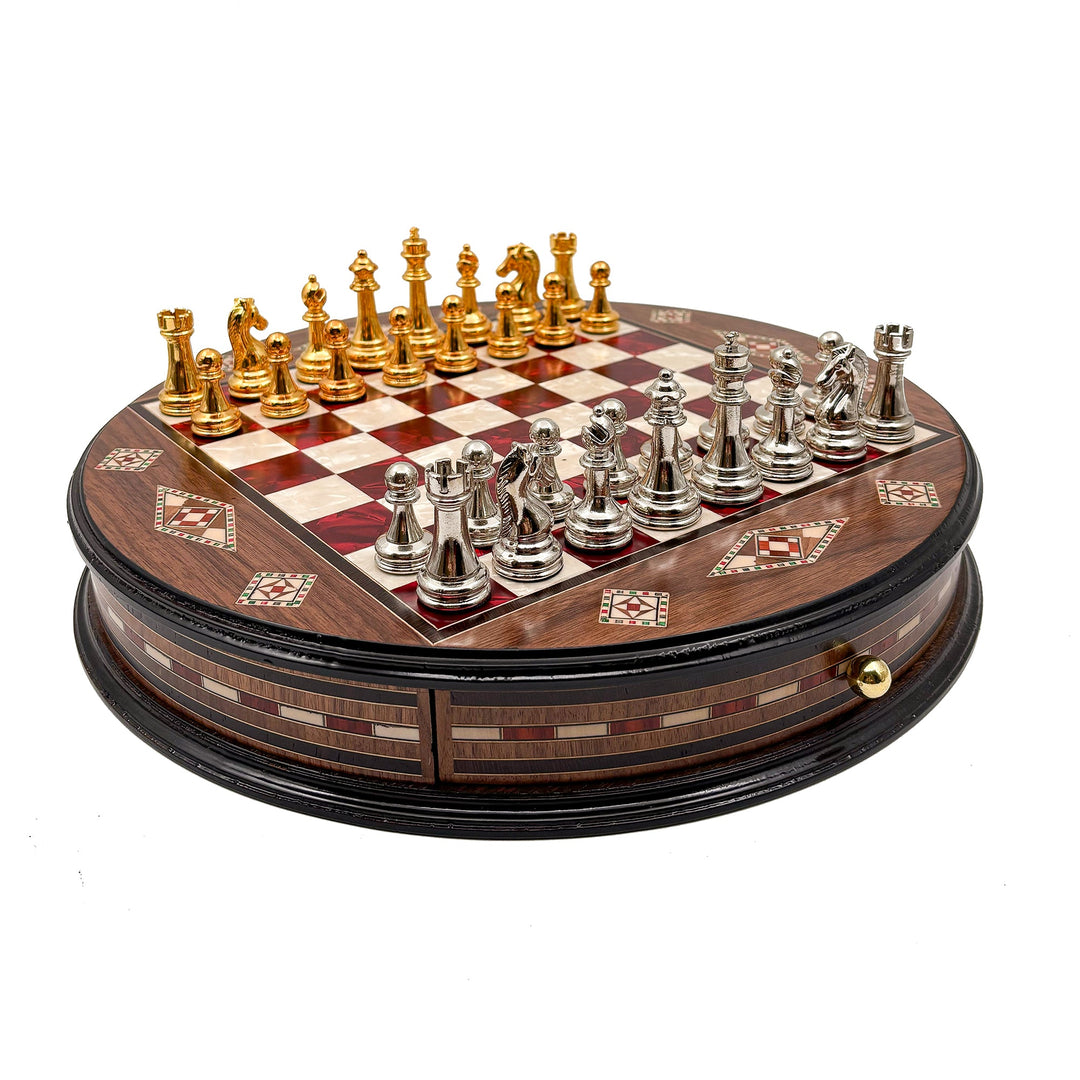 Luxury Round Rosewood & Walnut Chess Set With Metal Pieces My Chess Sets