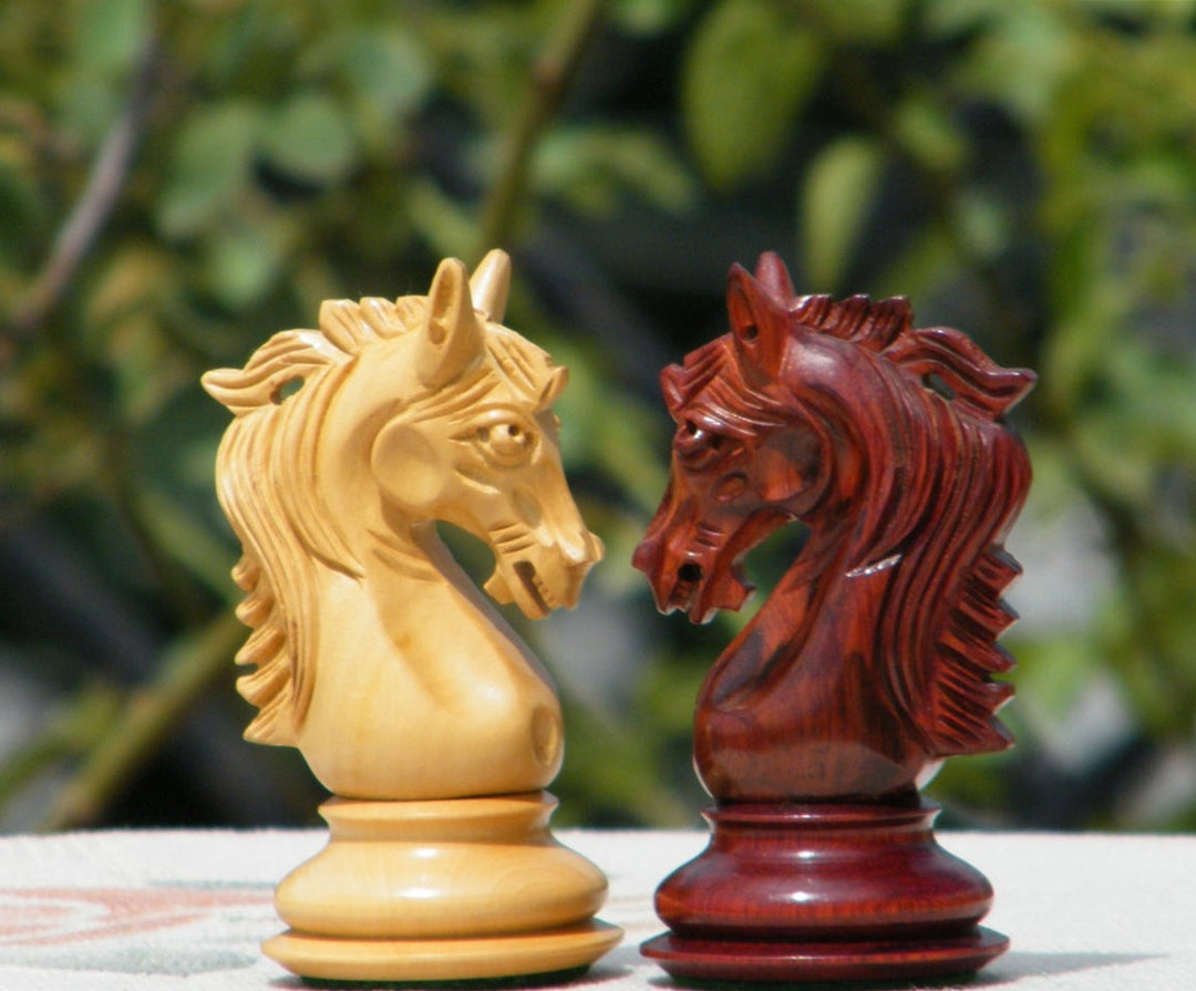Stallion Knight luxury chess pieces in padauk and boxwood, featuring hand-carved knight design.