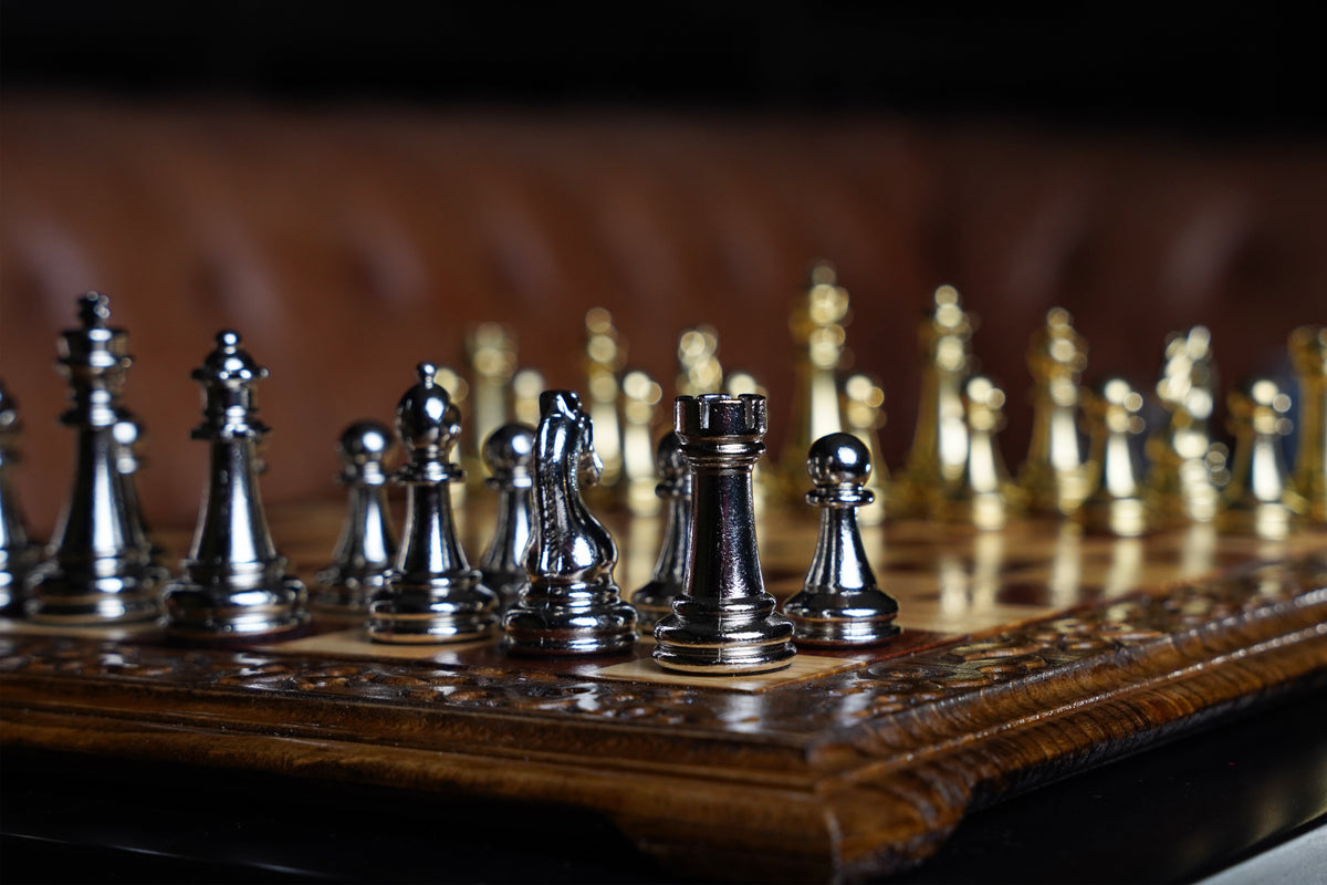 Hand Carved Walnut Luxury Chess Set with Classic Metal Chess Pieces