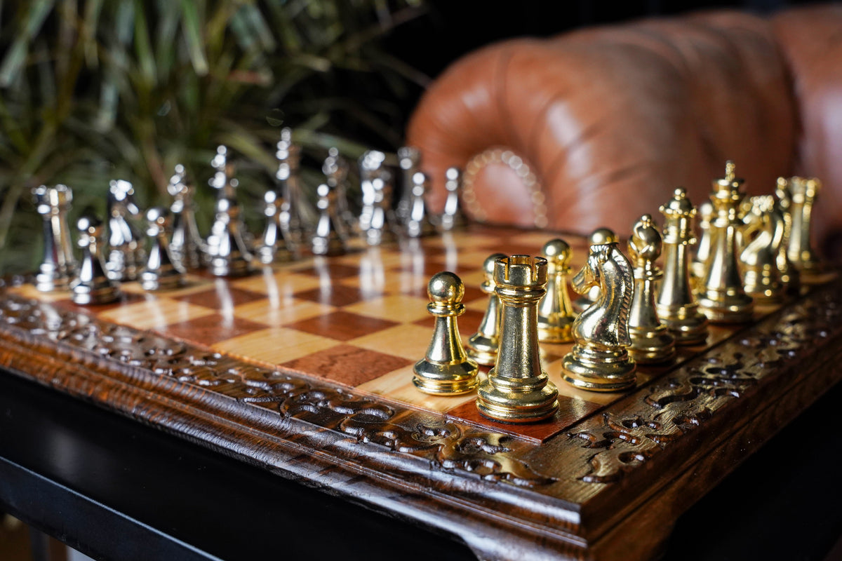 Hand Carved Walnut Luxury Chess Set with Classic Metal Chess Pieces