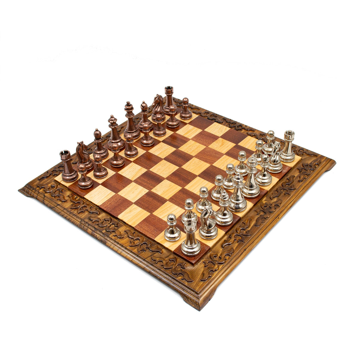 Hand Carved Walnut Luxury Chess Set with Classic Metal Chess Pieces