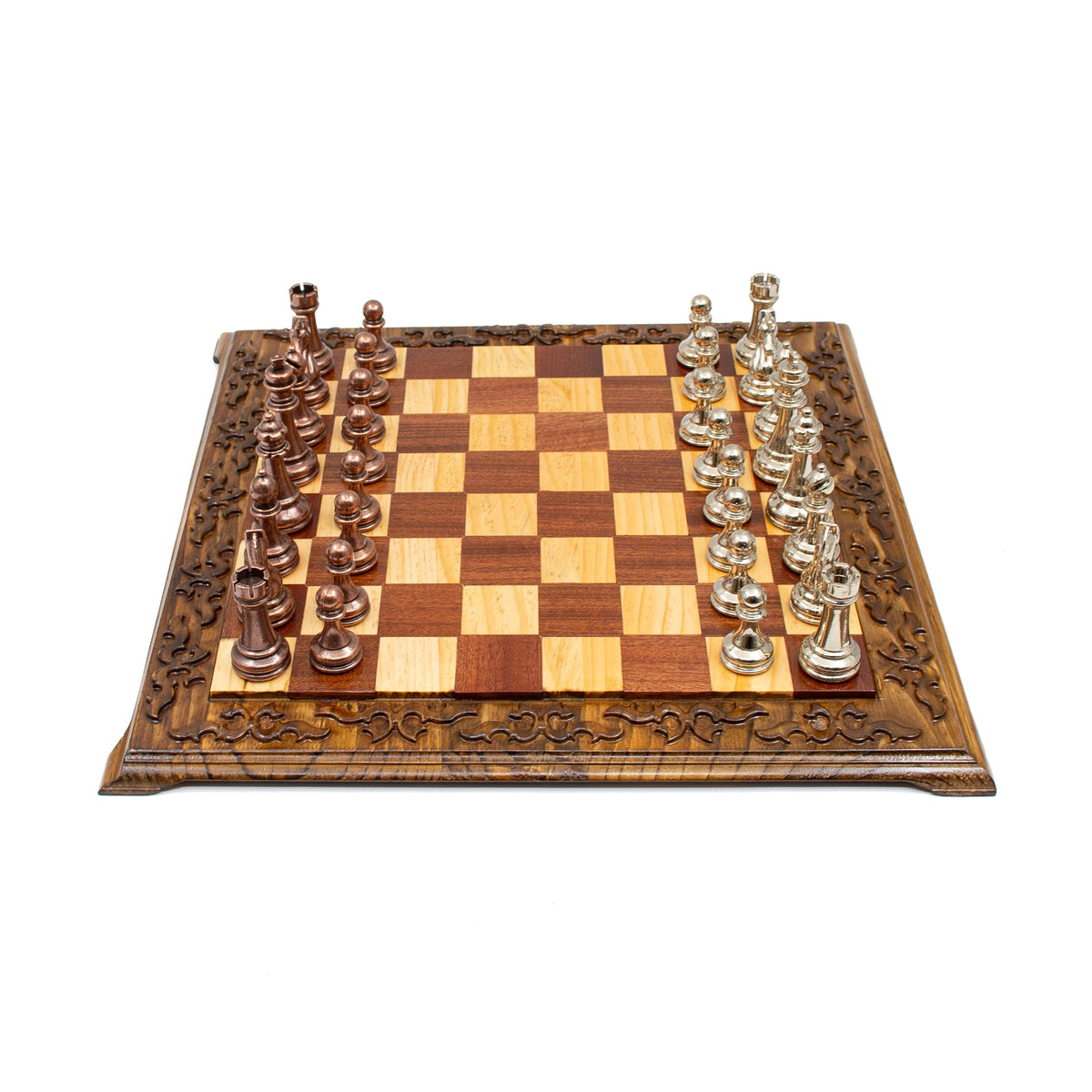 Hand Carved Walnut Luxury Chess Set with Classic Metal Chess Pieces