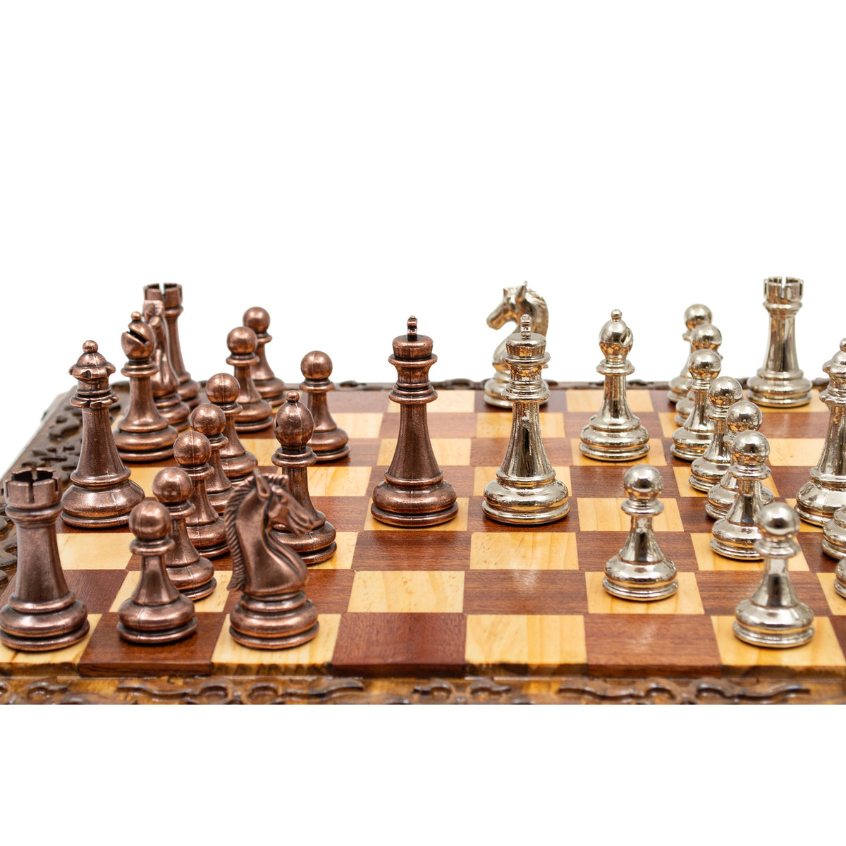 Hand Carved Walnut Luxury Chess Set with Classic Metal Chess Pieces