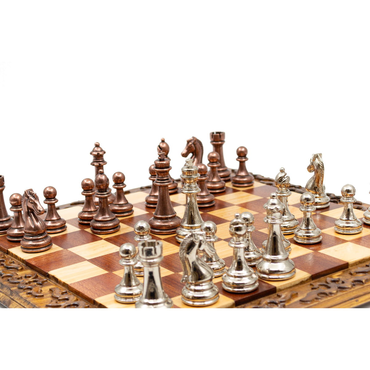 Hand Carved Walnut Luxury Chess Set with Classic Metal Chess Pieces