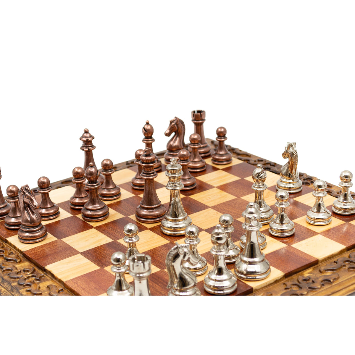 Hand Carved Walnut Luxury Chess Set with Classic Metal Chess Pieces