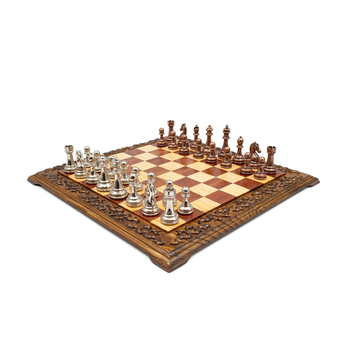 Hand Carved Walnut Luxury Chess Set with Classic Metal Chess Pieces