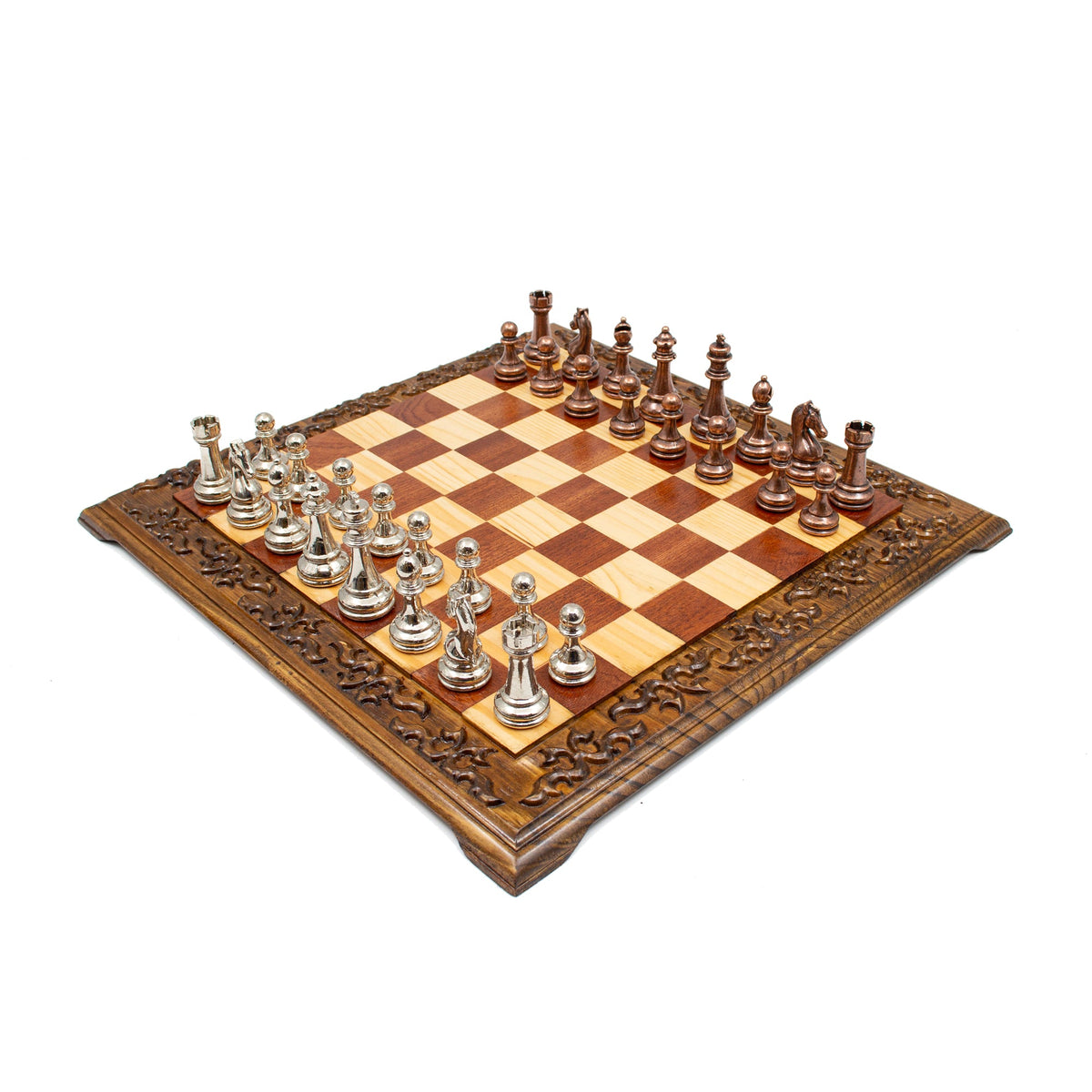 Hand Carved Walnut Luxury Chess Set with Classic Metal Chess Pieces