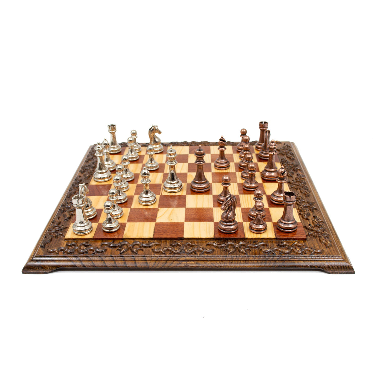 Hand Carved Walnut Luxury Chess Set with Classic Metal Chess Pieces