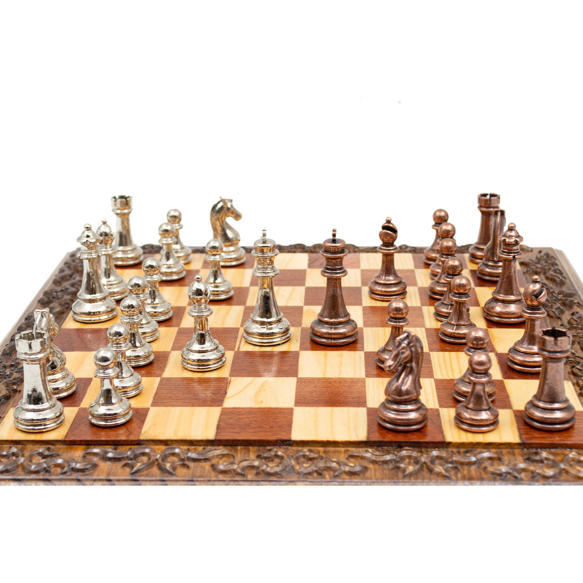 Hand Carved Walnut Luxury Chess Set with Classic Metal Chess Pieces