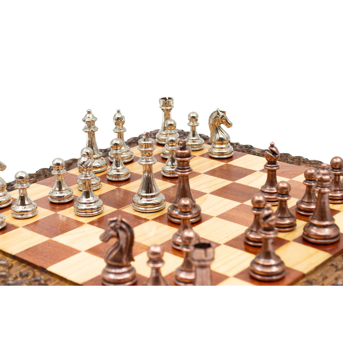 Hand Carved Walnut Luxury Chess Set with Classic Metal Chess Pieces