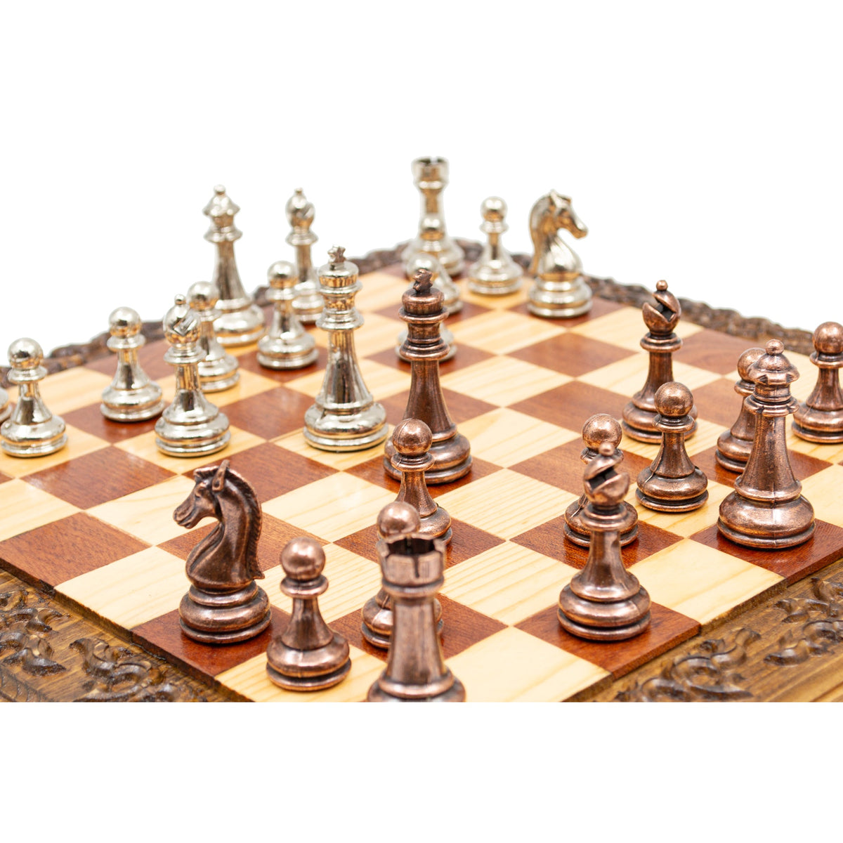 Hand Carved Walnut Luxury Chess Set with Classic Metal Chess Pieces
