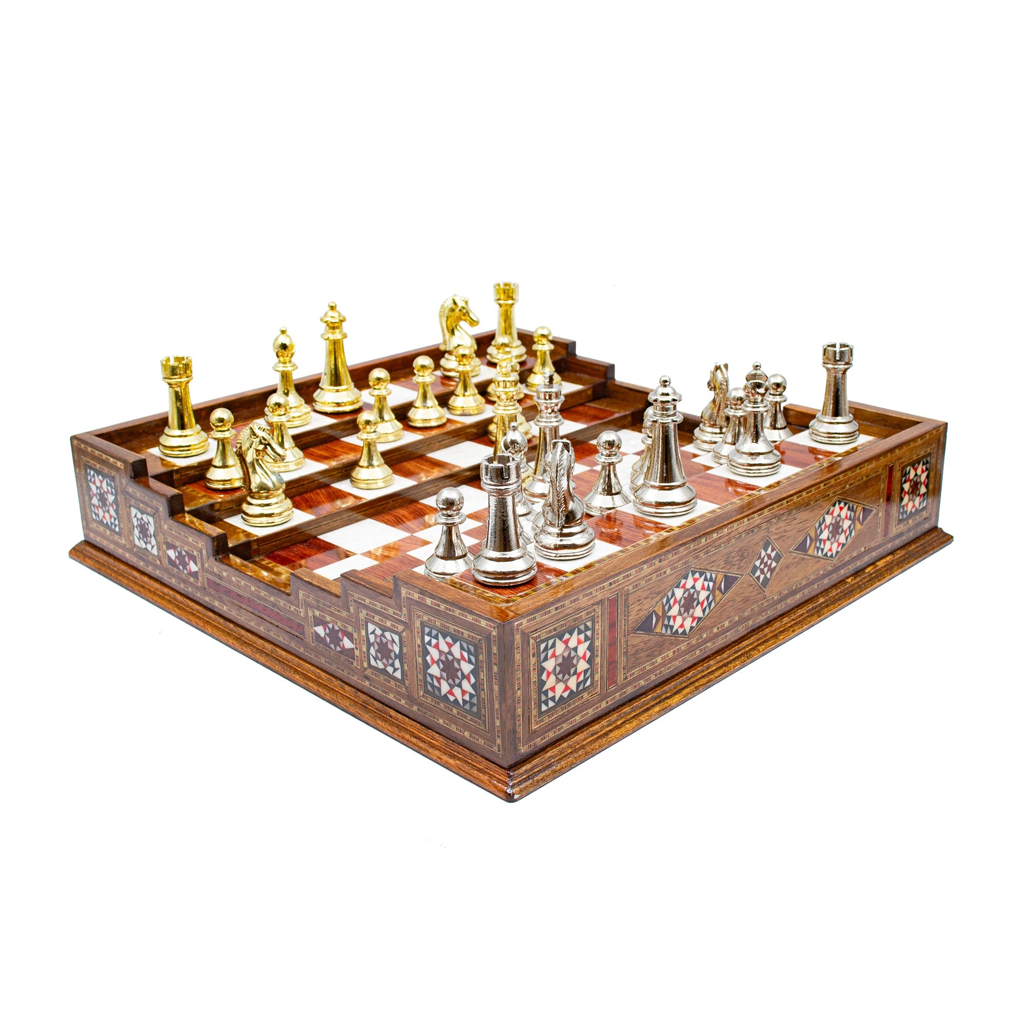 Hand Made Unique Arena Chess Board with Classic Luxury Metal Chess Pieces - Stairs Chess Board