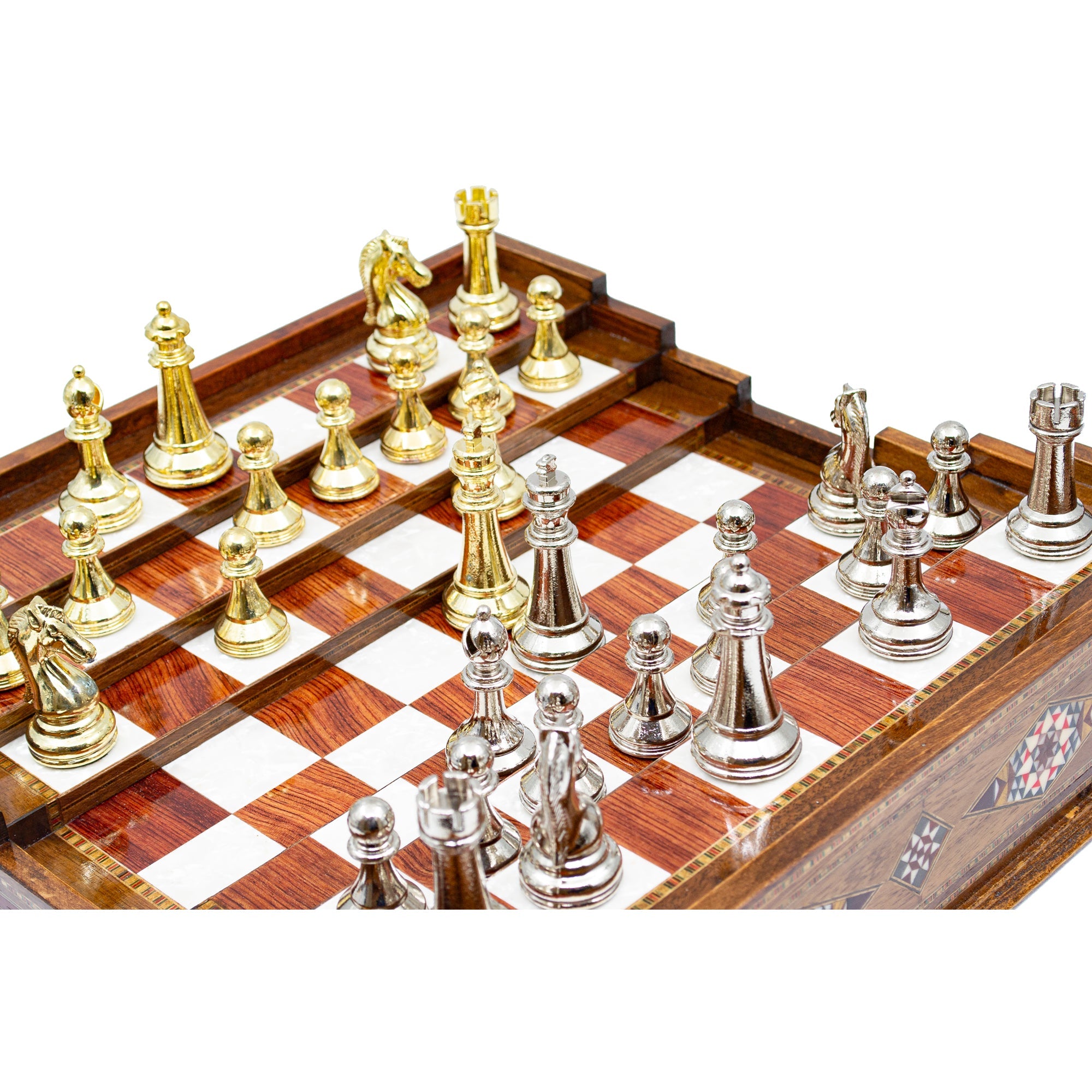Hand Made Unique Arena Chess Board with Classic Luxury Metal Chess Pieces - Stairs Chess Board