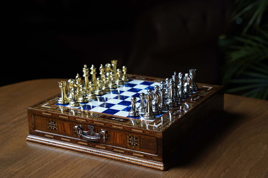 Handmade Luxury Chess Set With Storage Units (Blue)