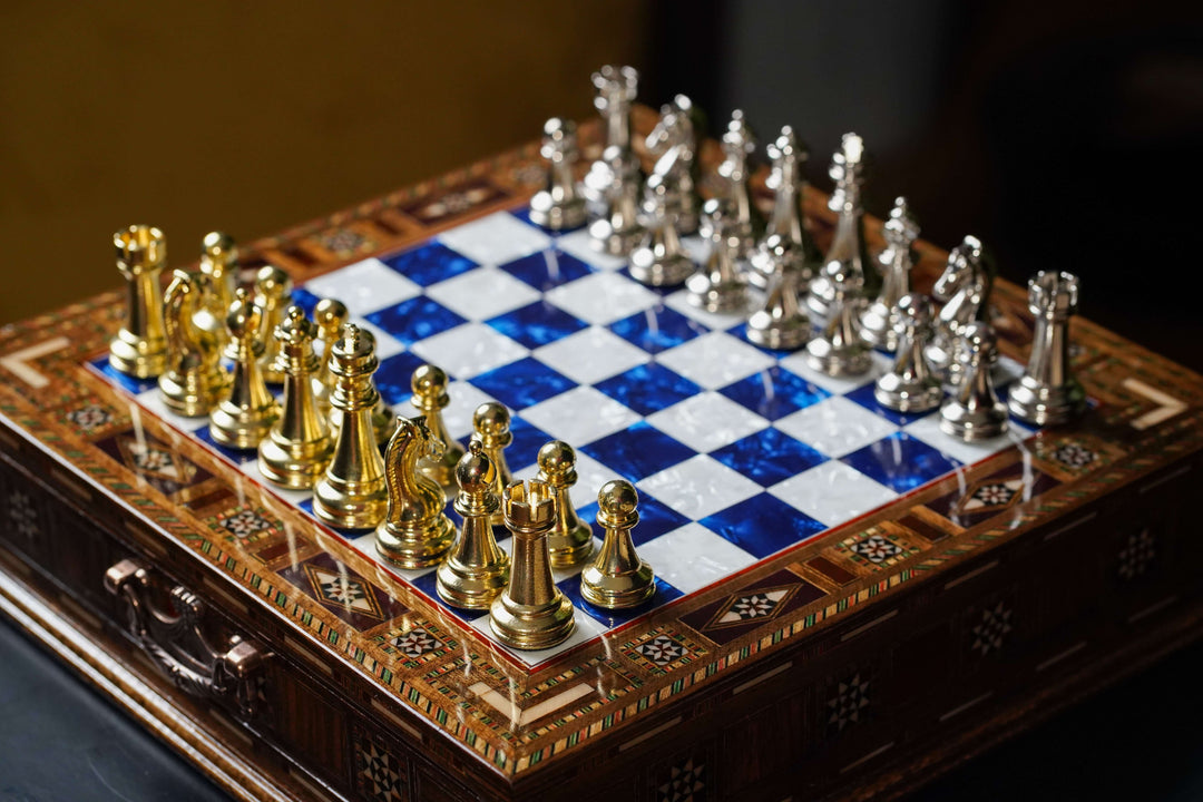 Handmade Luxury Chess Set With Storage Units (Blue)