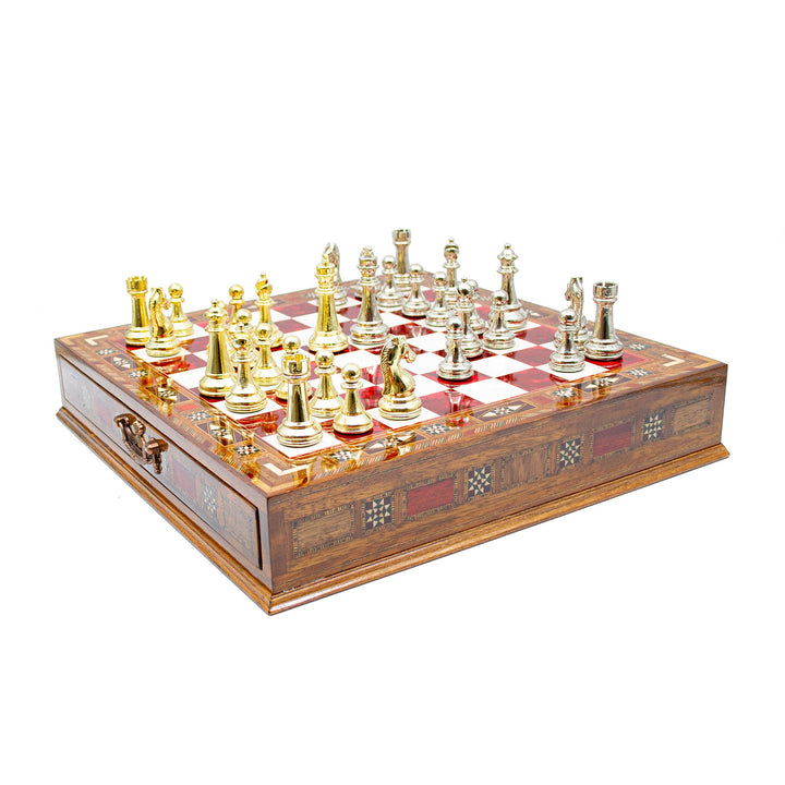 Luxury Wooden Chess Set With Storage Units - Gold And Silver Metal Chess Pieces