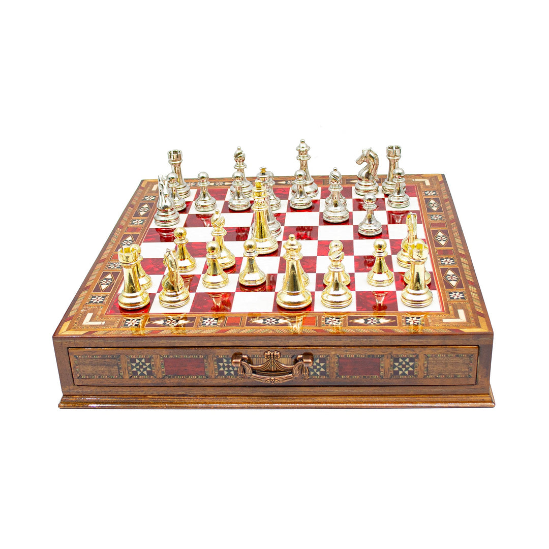 Luxury Wooden Chess Set With Storage Units - Gold And Silver Metal Chess Pieces