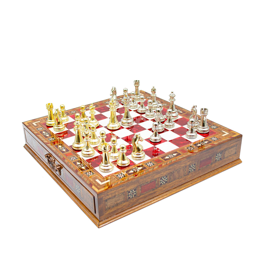 Luxury Wooden Chess Set With Storage Units - Gold And Silver Metal Chess Pieces