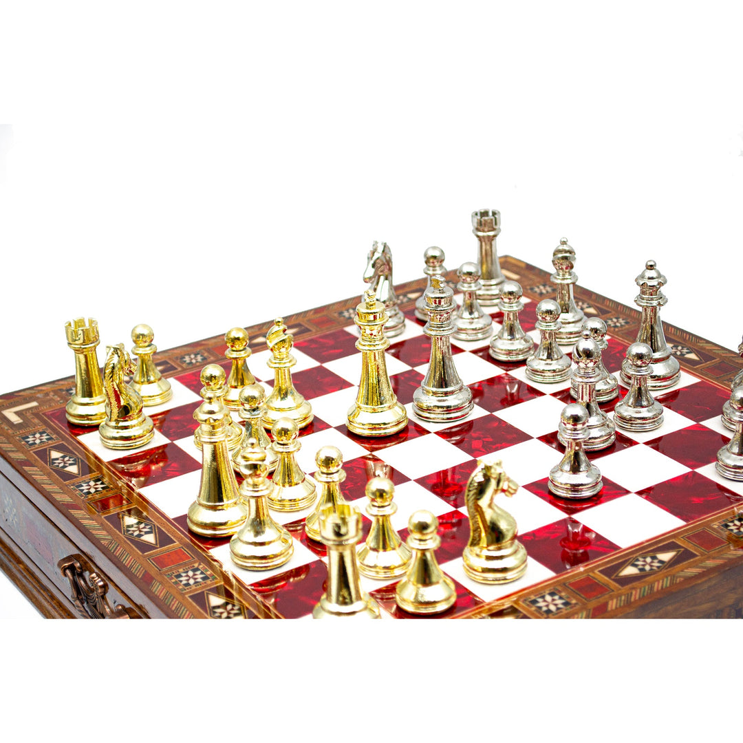 Luxury Wooden Chess Set With Storage Units - Gold And Silver Metal Chess Pieces