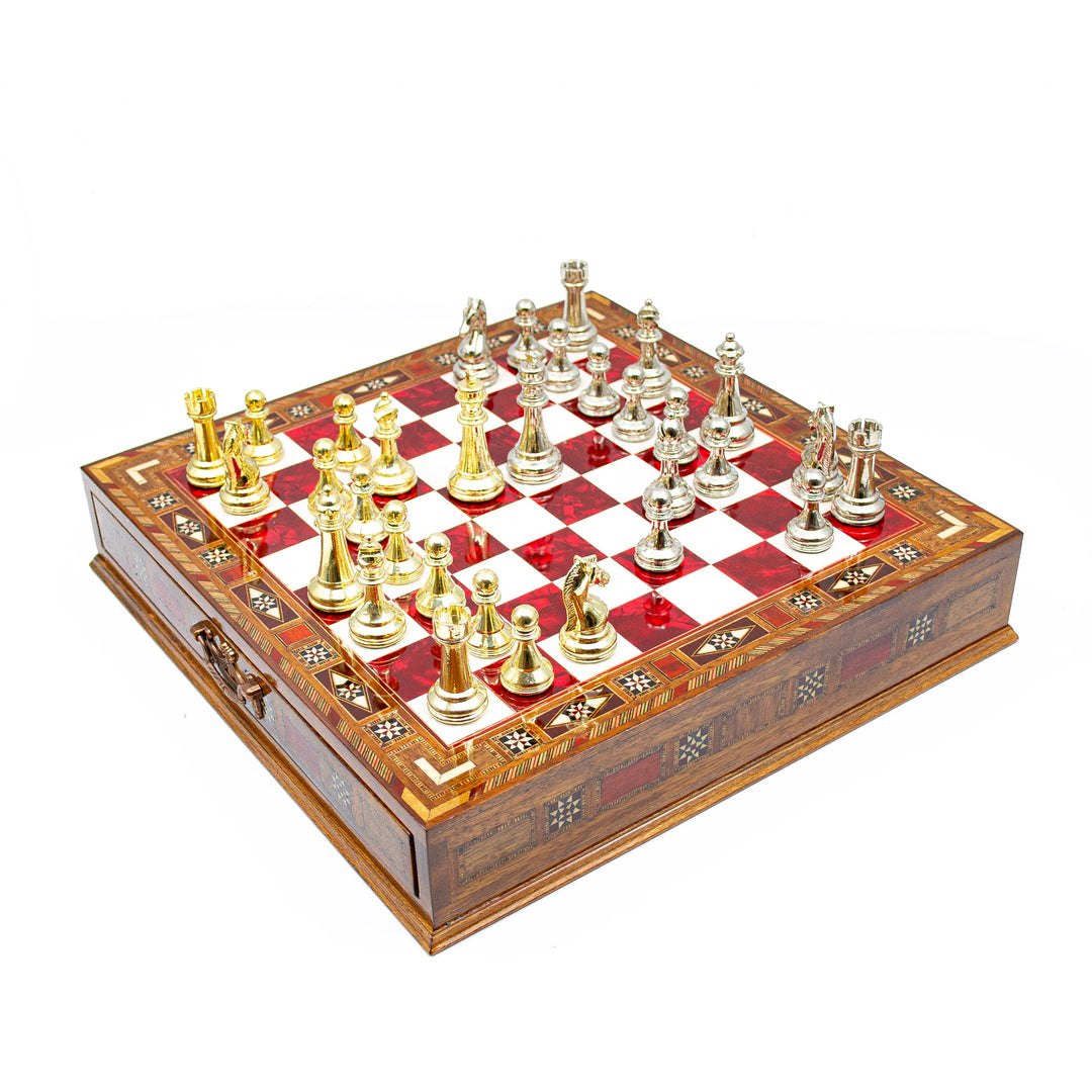 Luxury Wooden Chess Set With Storage Units - Gold And Silver Metal Chess Pieces