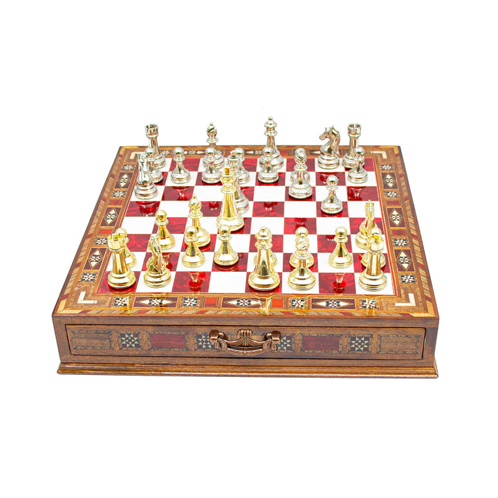 Luxury Wooden Chess Set With Storage Units - Gold And Silver Metal Chess Pieces