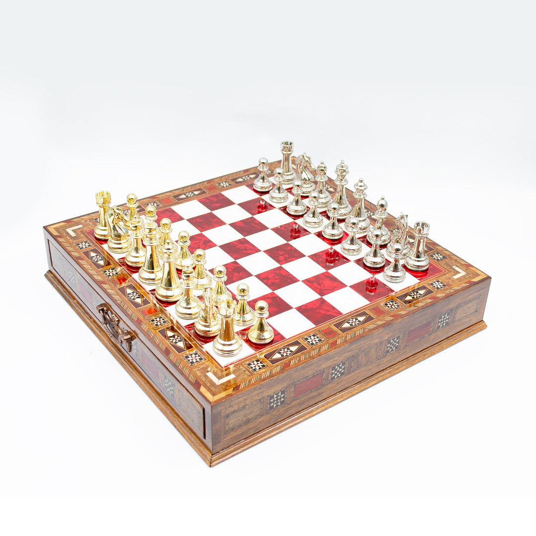 Luxury Wooden Chess Set With Storage Units - Gold And Silver Metal Chess Pieces