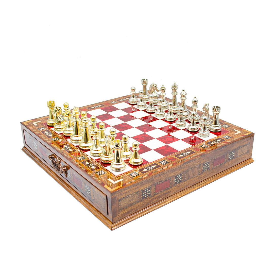 Luxury Wooden Chess Set With Storage Units - Gold And Silver Metal Chess Pieces