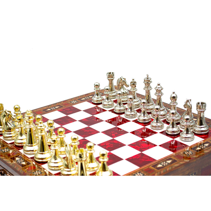 Luxury Wooden Chess Set With Storage Units - Gold And Silver Metal Chess Pieces