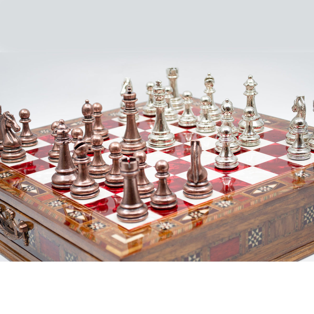 Luxury Wooden Chess Set With Storage Units - Copper And Silver Metal Chess Pieces (Red Chess Board)