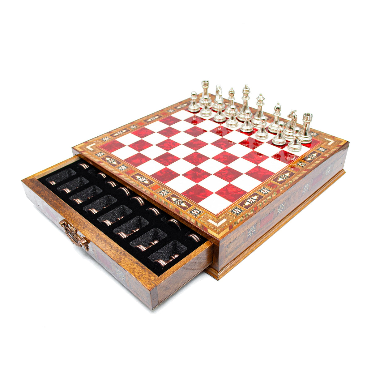 Luxury Wooden Chess Set With Storage Units - Copper And Silver Metal Chess Pieces (Red Chess Board)