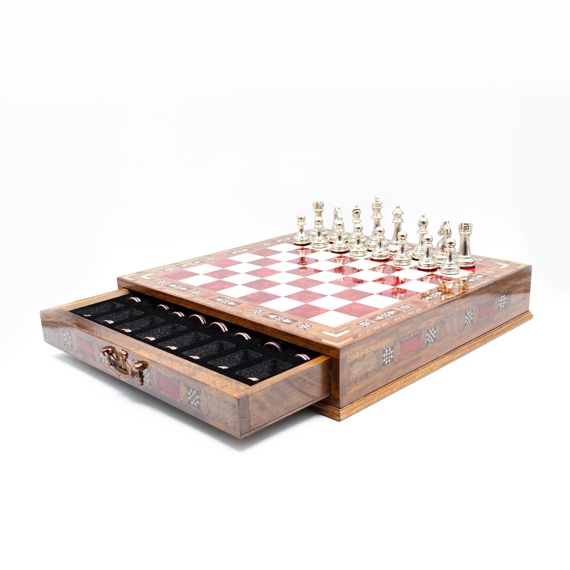 Luxury Wooden Chess Set With Storage Units - Copper And Silver Metal Chess Pieces (Red Chess Board)