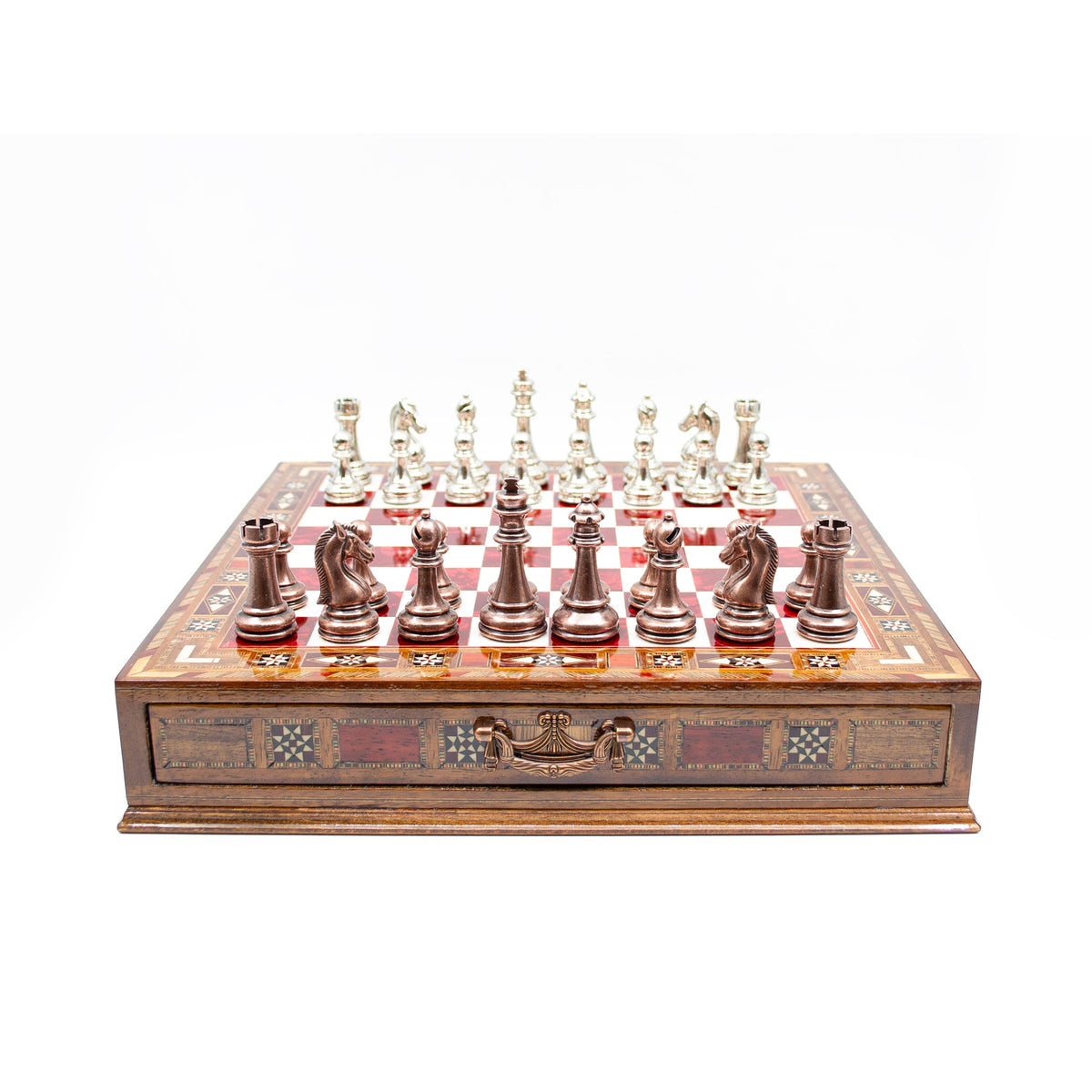 Luxury Wooden Chess Set With Storage Units - Copper And Silver Metal Chess Pieces (Red Chess Board)