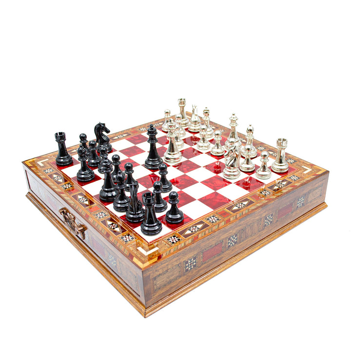 Luxury Wooden Chess Set With Storage Units - Black And Silver Metal Chess Pieces (Red Chess Board)