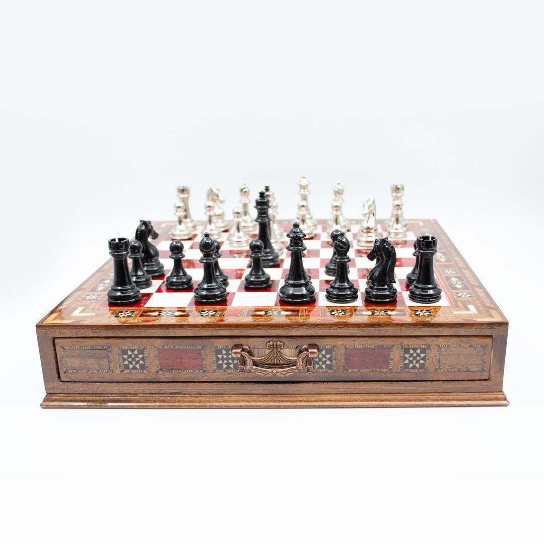 Luxury Wooden Chess Set With Storage Units - Black And Silver Metal Chess Pieces (Red Chess Board)