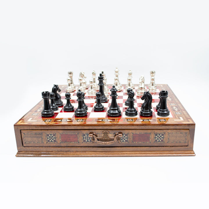 Luxury Wooden Chess Set With Storage Units - Black And Silver Metal Chess Pieces (Red Chess Board)