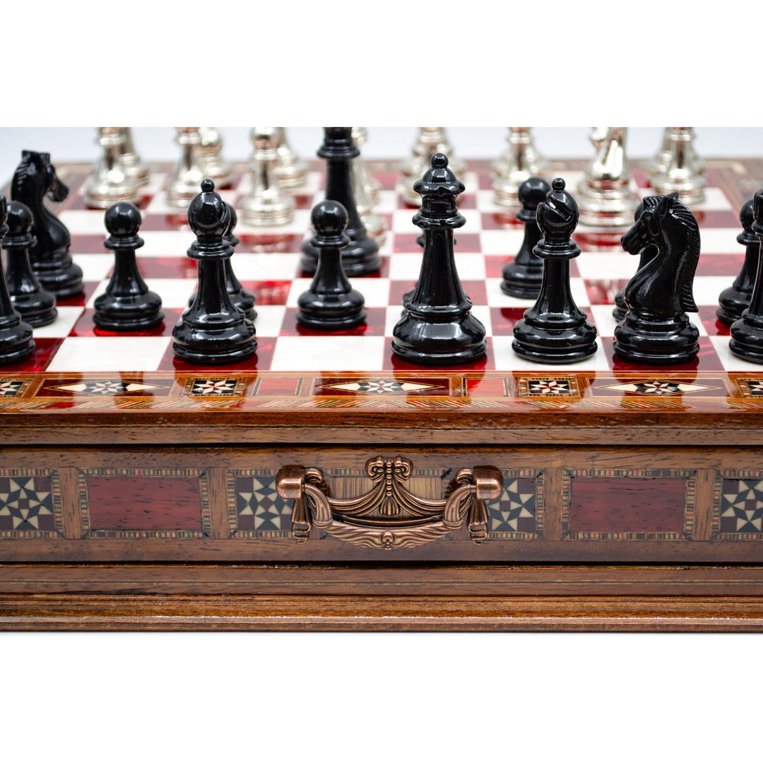 Luxury Wooden Chess Set With Storage Units - Black And Silver Metal Chess Pieces (Red Chess Board)