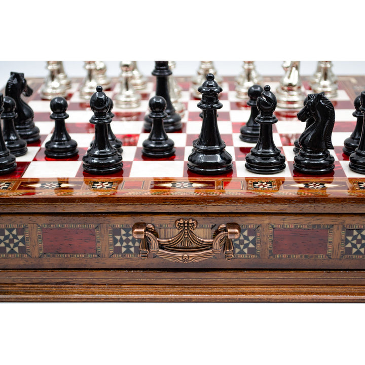 Luxury Wooden Chess Set With Storage Units - Black And Silver Metal Chess Pieces (Red Chess Board)