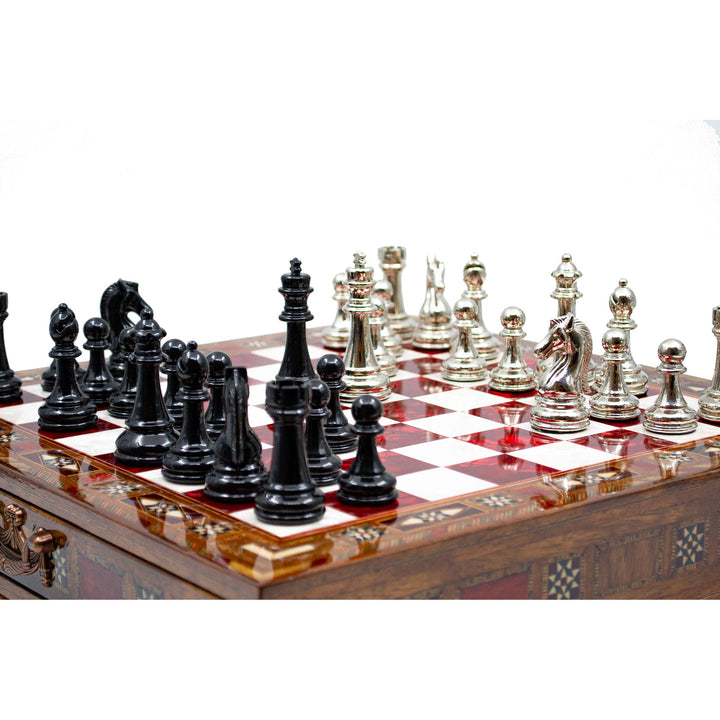 Luxury Wooden Chess Set With Storage Units - Black And Silver Metal Chess Pieces (Red Chess Board)