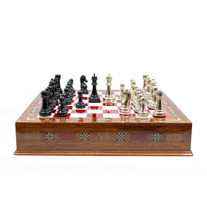 Luxury Wooden Chess Set With Storage Units - Black And Silver Metal Chess Pieces (Red Chess Board)