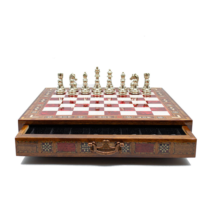 Luxury Wooden Chess Set With Storage Units - Black And Silver Metal Chess Pieces (Red Chess Board)