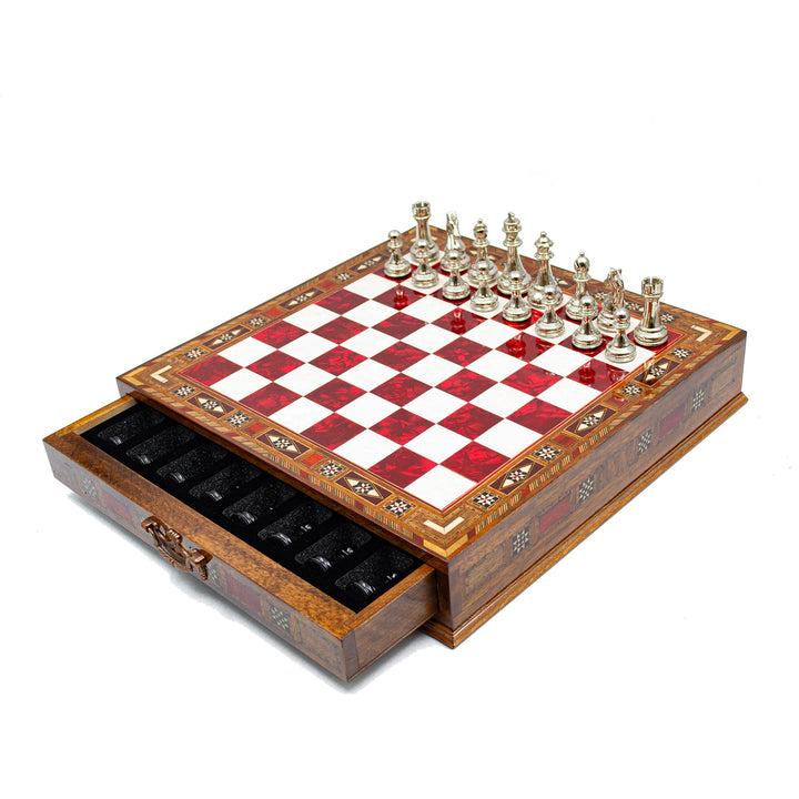 Luxury Wooden Chess Set With Storage Units - Black And Silver Metal Chess Pieces (Red Chess Board)
