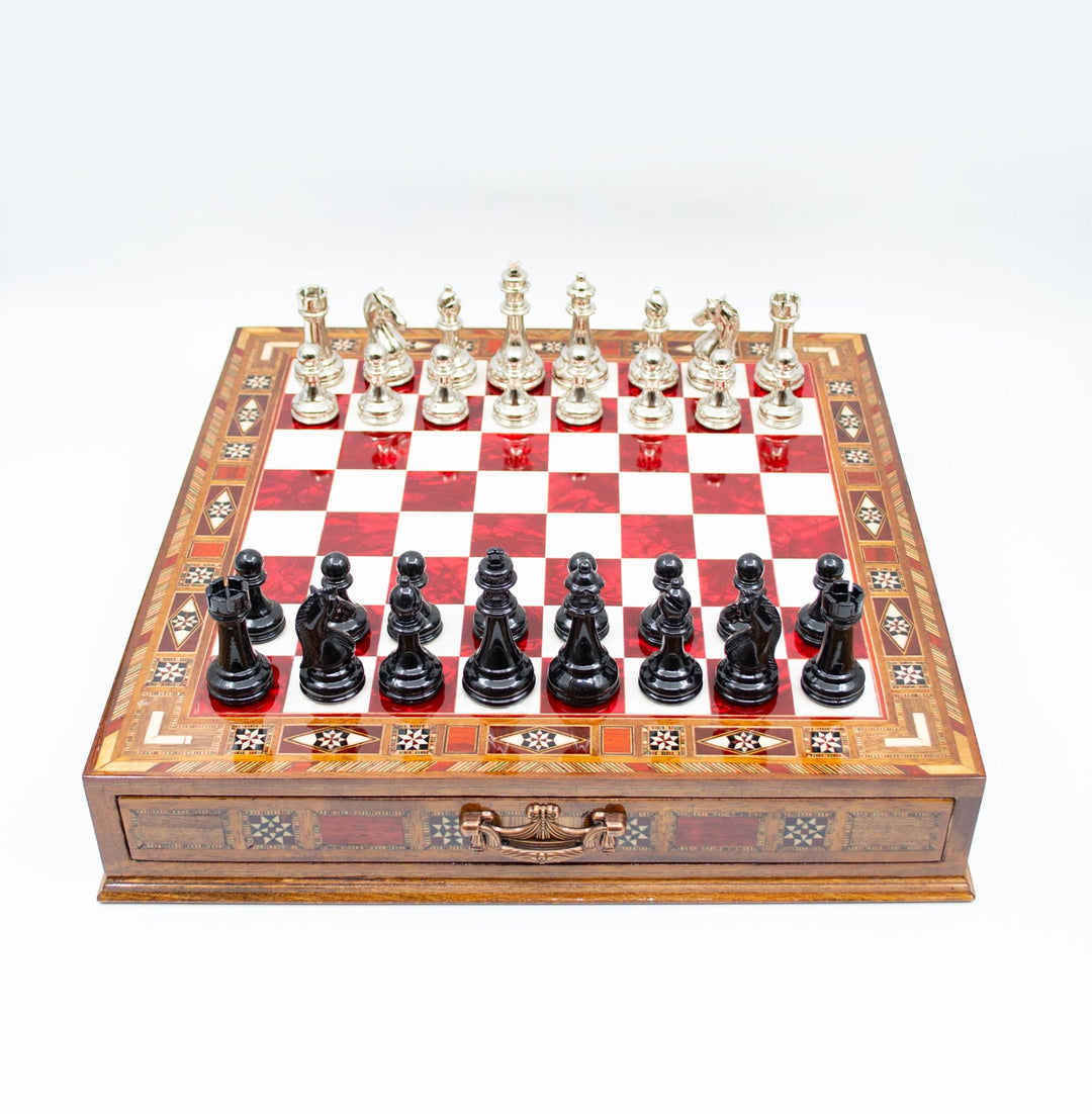 Luxury Wooden Chess Set With Storage Units - Black And Silver Metal Chess Pieces (Red Chess Board)