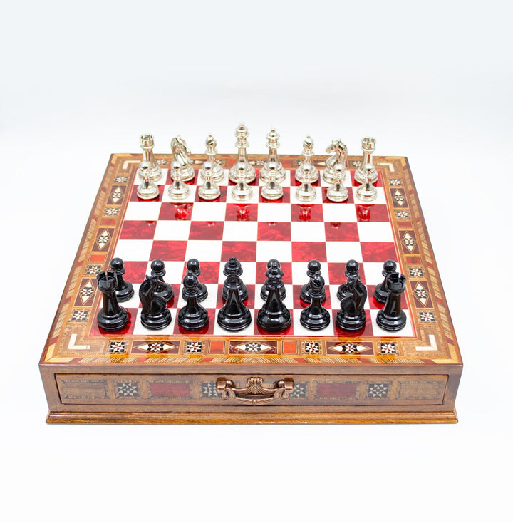 Luxury Wooden Chess Set With Storage Units - Black And Silver Metal Chess Pieces (Red Chess Board)