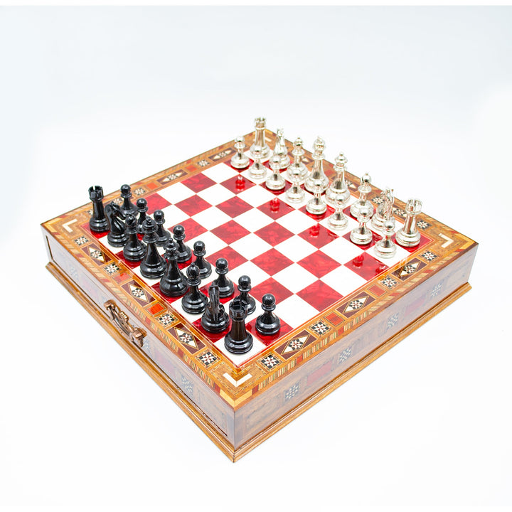 Luxury Wooden Chess Set With Storage Units - Black And Silver Metal Chess Pieces (Red Chess Board)
