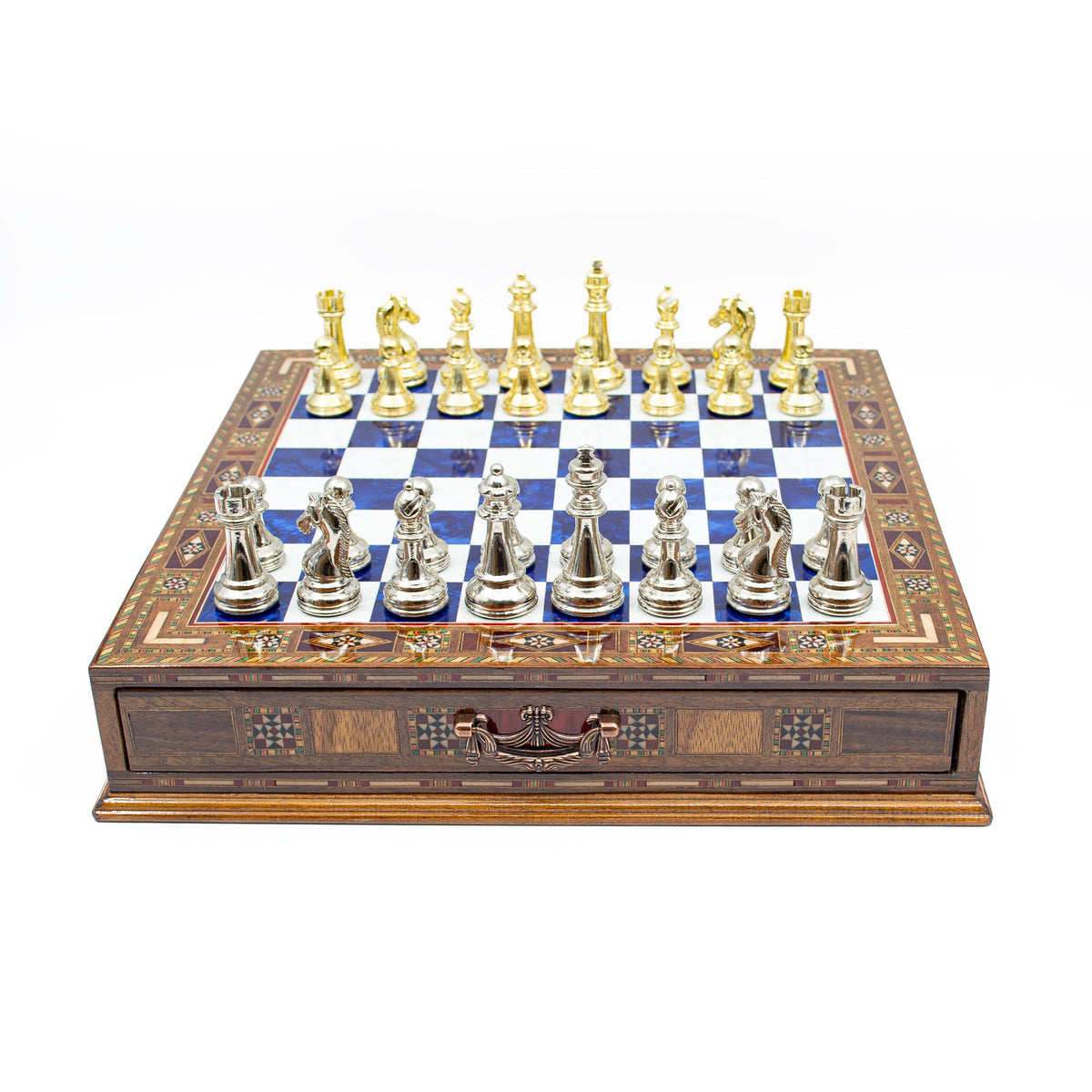 Luxury Wooden Chess Set With Storage Units - Gold And Silver Metal Chess Pieces (Blue Chess Board)