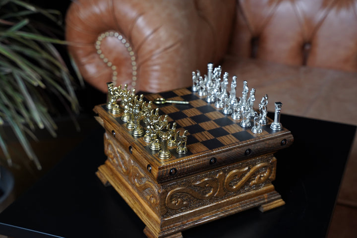 Wooden Chess Set With A Hidden Key And Velvet Storage Department - Roman’s Era ThemedMy Chess Sets