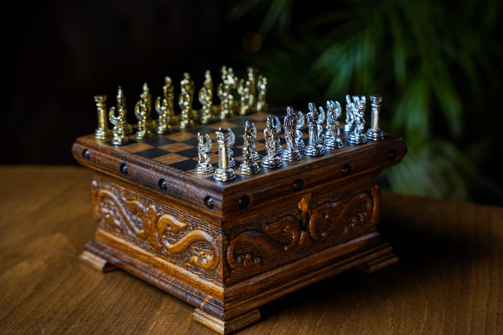 Wooden Chess Set With A Hidden Key And Velvet Storage Department - Roman’s Era ThemedMy Chess Sets