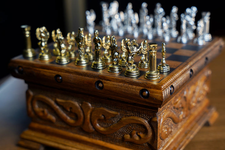 Wooden Chess Set With A Hidden Key And Velvet Storage Department - Roman’s Era ThemedMy Chess Sets