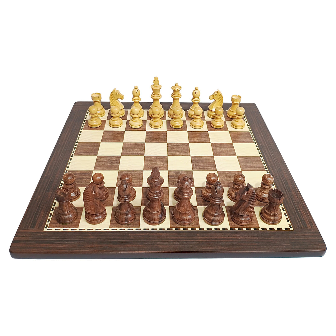 Classic Staunton wooden chess set with brown and beige chess pieces on an MDF board.